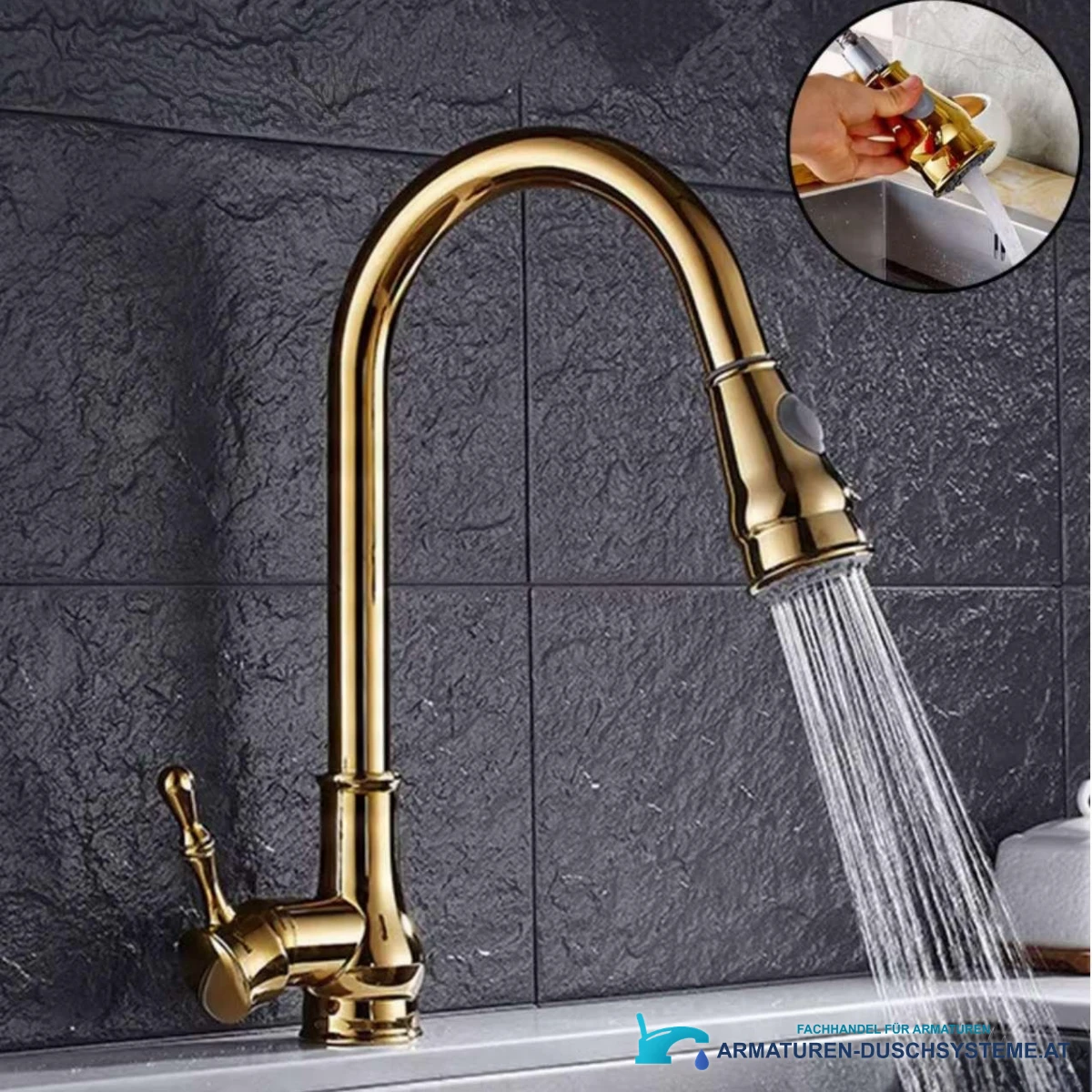 Ausziehbare Küchenarmatur KZI5176 mit breitem Brausestrahl und goldfarbener Hochglanzoberfläche