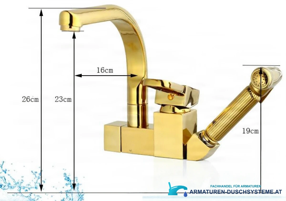 Technische Zeichnung der goldenen Küchenarmatur KZI1623 (26 cm Höhe, 16 cm Ausladung)