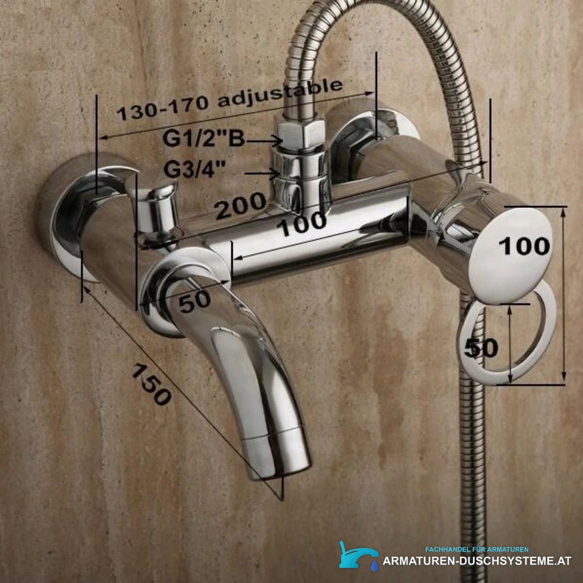 Technische Zeichnung der Wand-Badewannenarmatur EYN SK2264 mit 130–170 mm Anschlussabstand