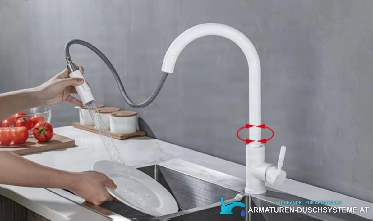 Ausziehbare Touch-Küchenarmatur BS1333 beim Abspülen von Geschirr