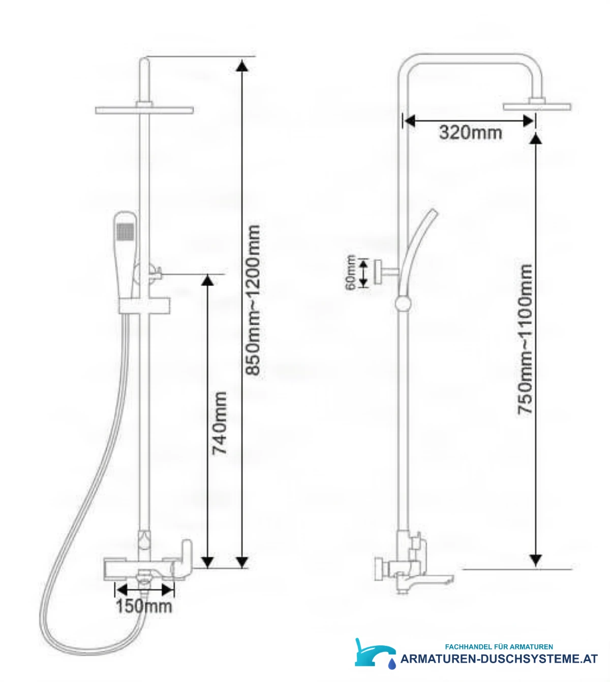 Technische Zeichnung des Duschsystems EYN NTA1601 (850–1200 mm, Ausladung 320 mm)