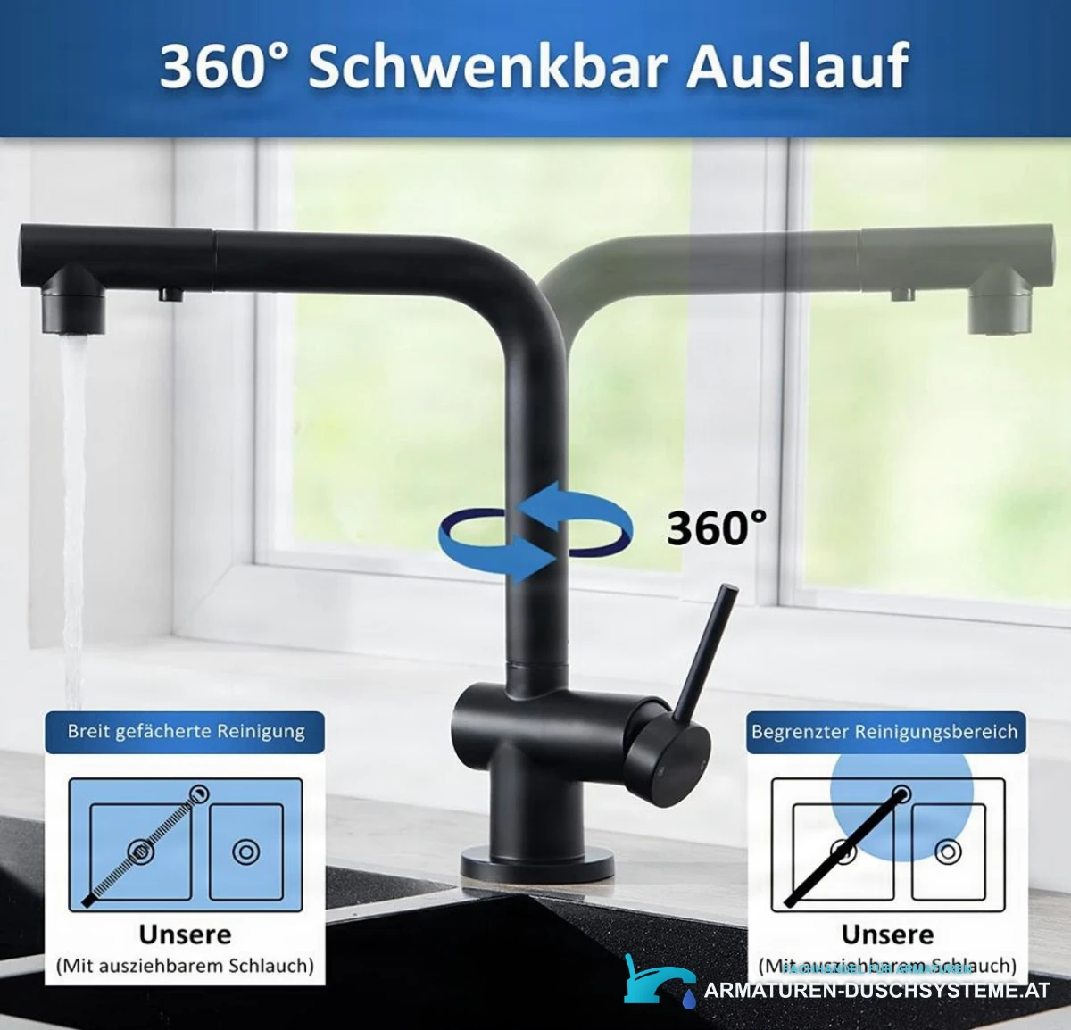 Spezifikationen der Niederdruck-Küchenarmatur NTB2003: schwenkbarer Auslauf und Ausziehbrause