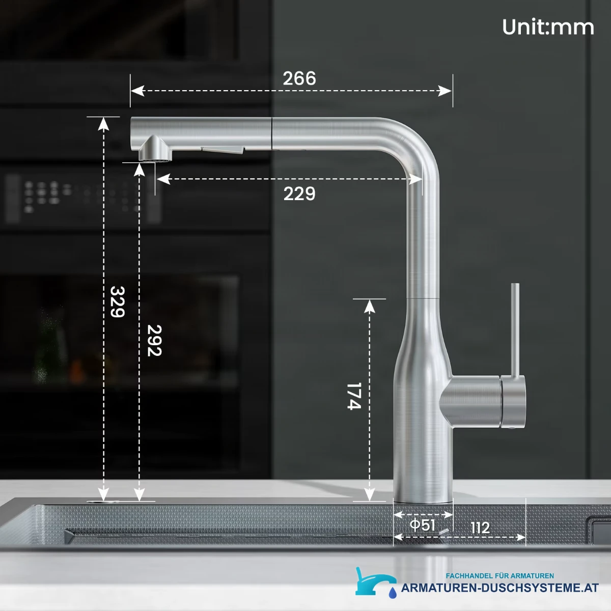 Technische Zeichnung der CECIPA MAX Küchenarmatur ELITE EDITION KF1699 mit 329 mm Höhe