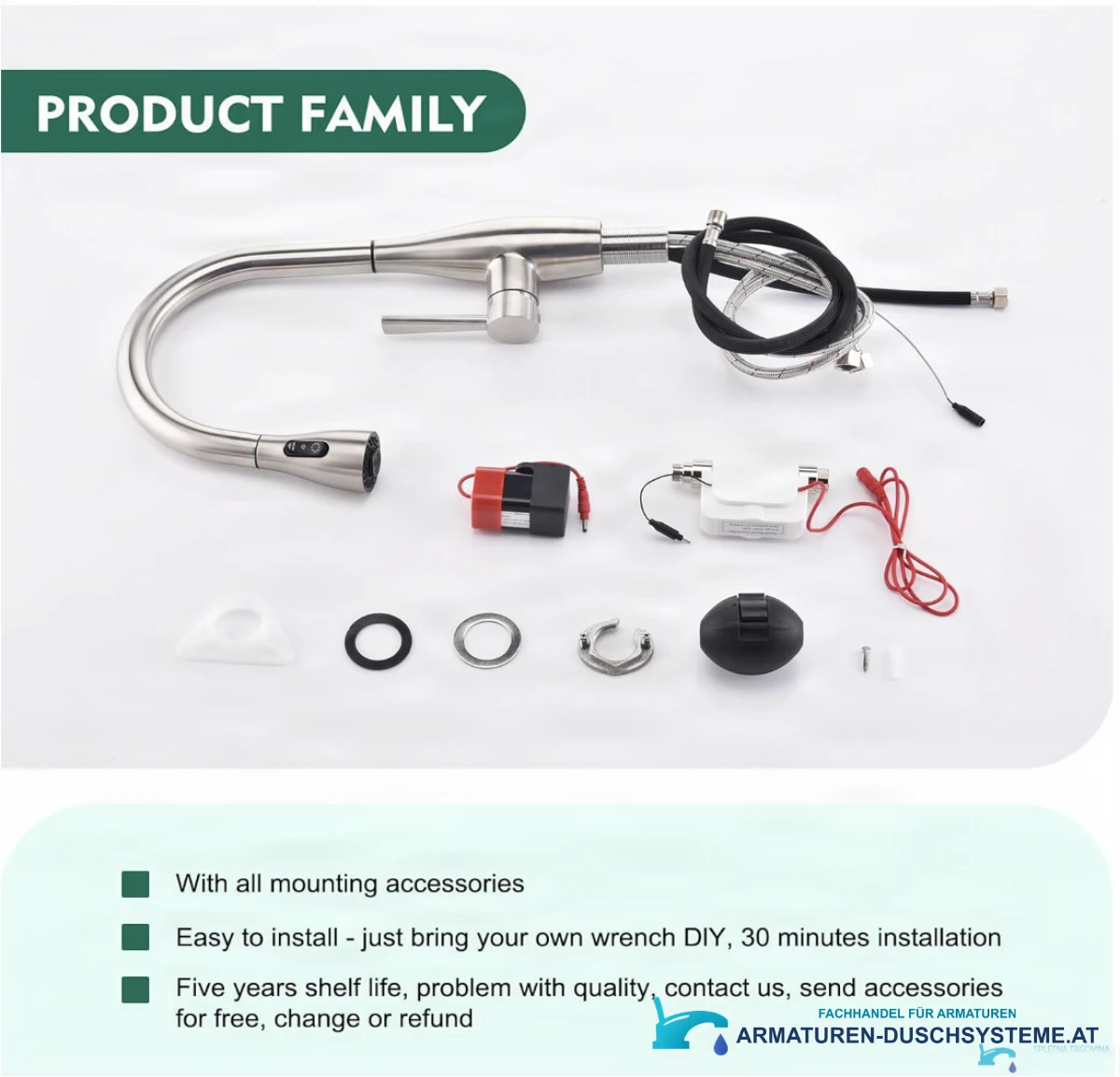 Smarte Küchenarmatur KFS1428 mit Schläuchen, Sensormodulen und Montagezubehör