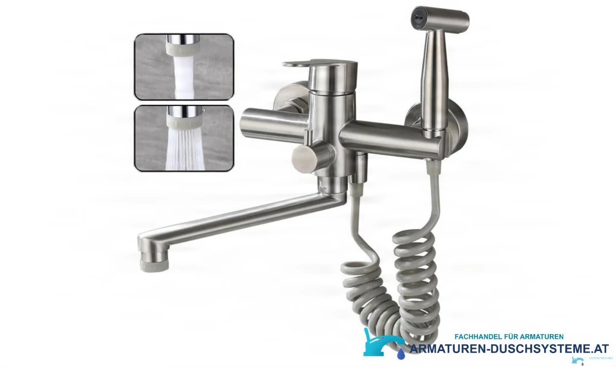 Funktionen der EYN Wand-Küchenarmatur WK1124: zwei Strahlarten und Handbrause