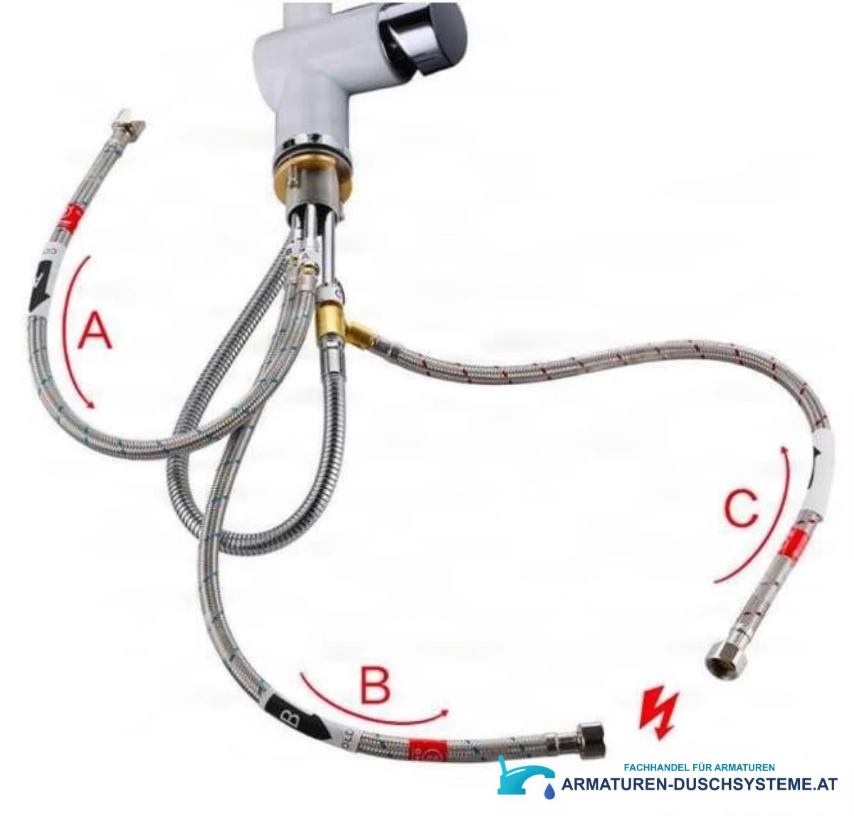 Anschlüsse der Niederdruck-Küchenarmatur NT1602 mit drei flexiblen Schläuchen A, B und C