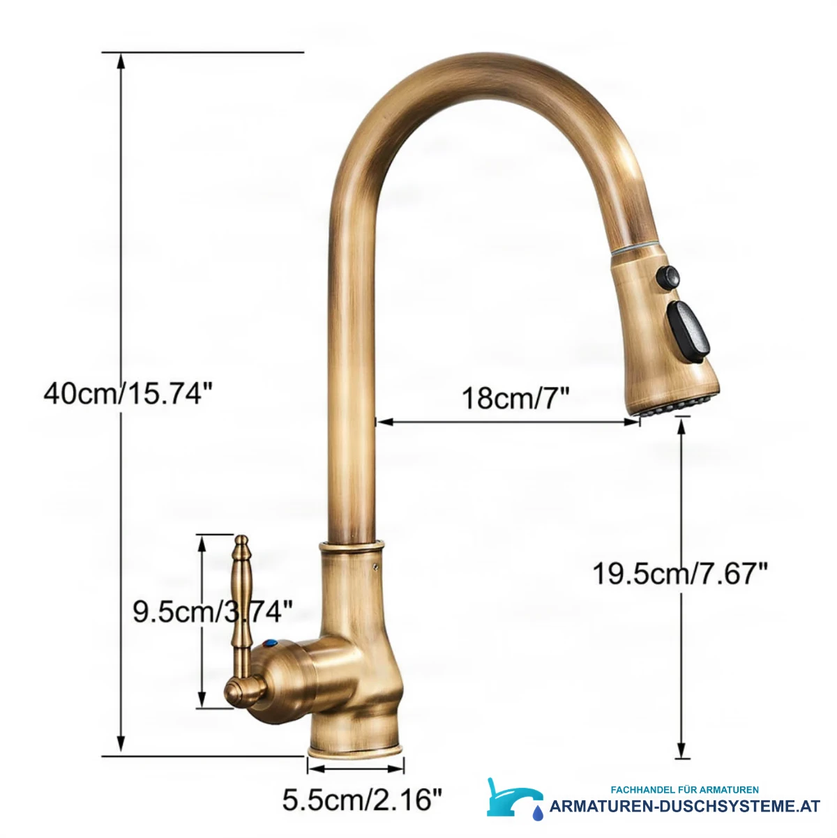 Maßzeichnung der Küchenarmatur EYN KS1448 mit 40 cm Höhe und 18 cm Ausladung