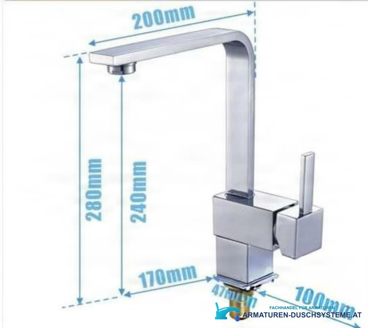 Technische Darstellung der Armatur EYN0113 mit 280 mm Höhe und 200 mm Ausladung
