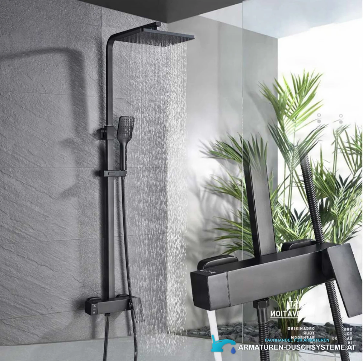 Unterputz-Duschsystem EYN mit Thermostat und Wasserfallauslauf BT1048 in Mattschwarz