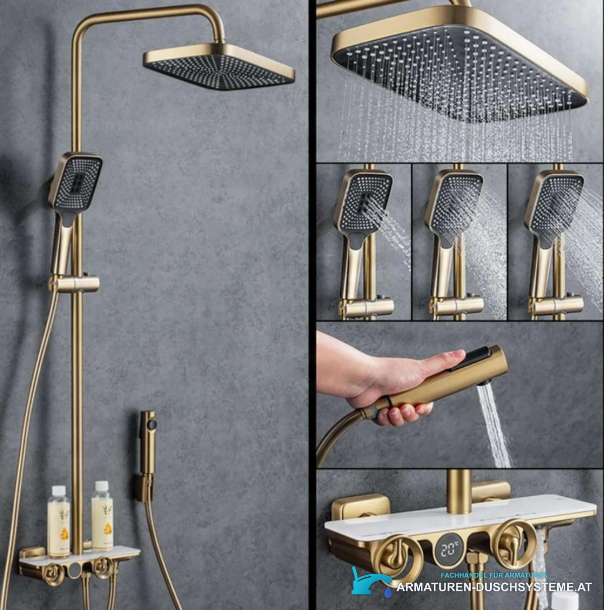 Spezifikationen Thermostat-Duschsystem ELT1104 in gebürstetem Gold mit Strahlfunktionen