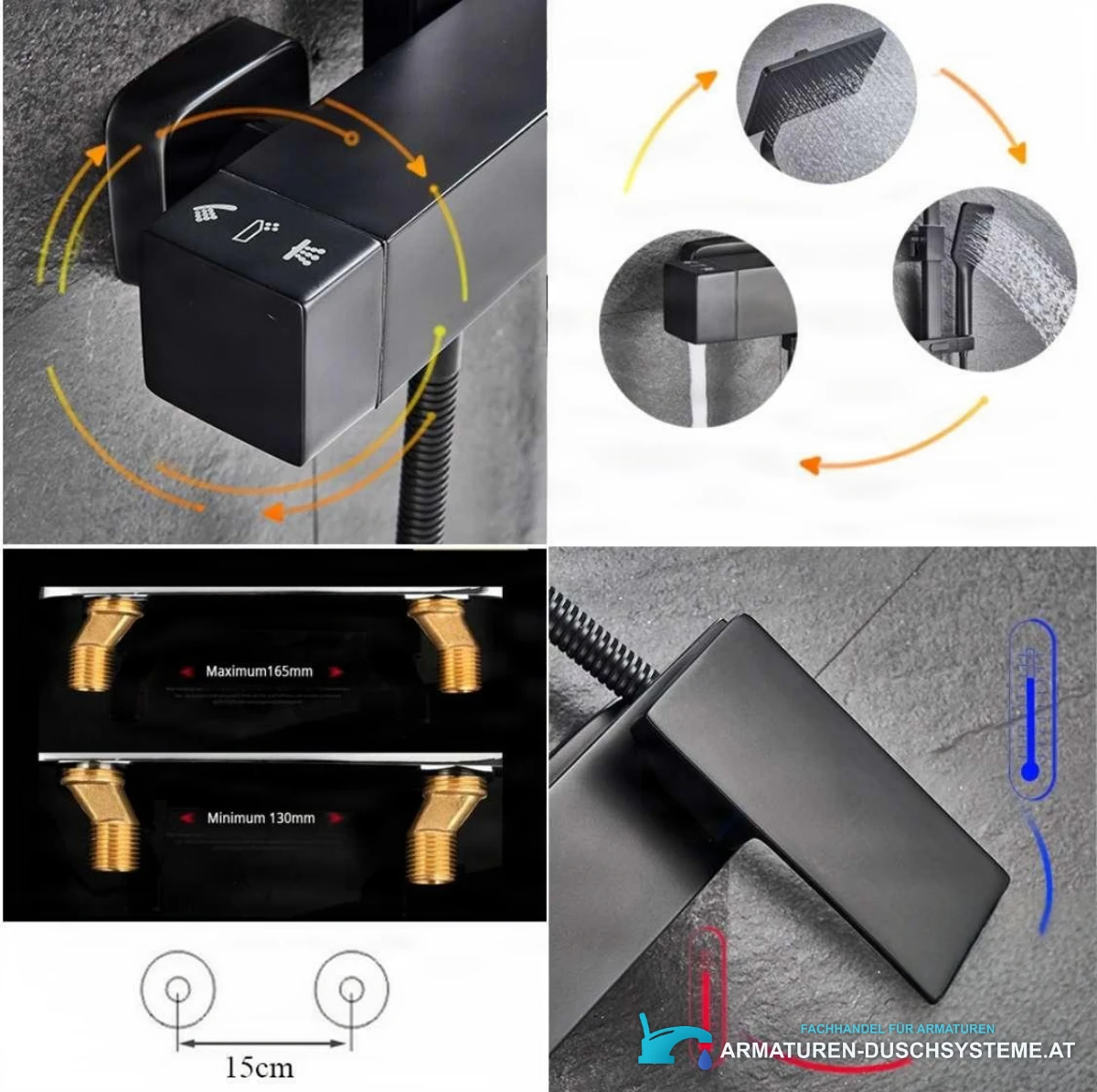 Spezifikationen des Duschsystems EYN BT1048: drei Auslässe, 130–165 mm Anschlussabstand