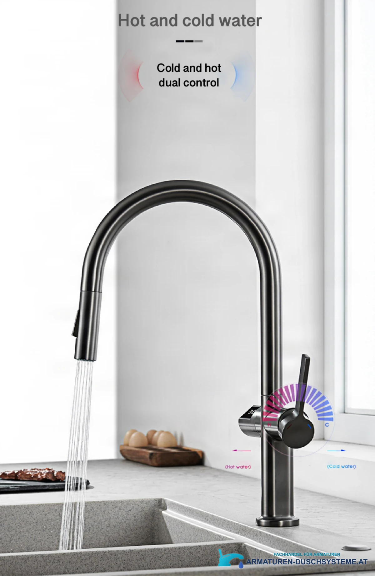 Funktionen der Küchenarmatur ELITE EDITION KSS1700: Warm-Kalt-Regelung und Brausestrahl
