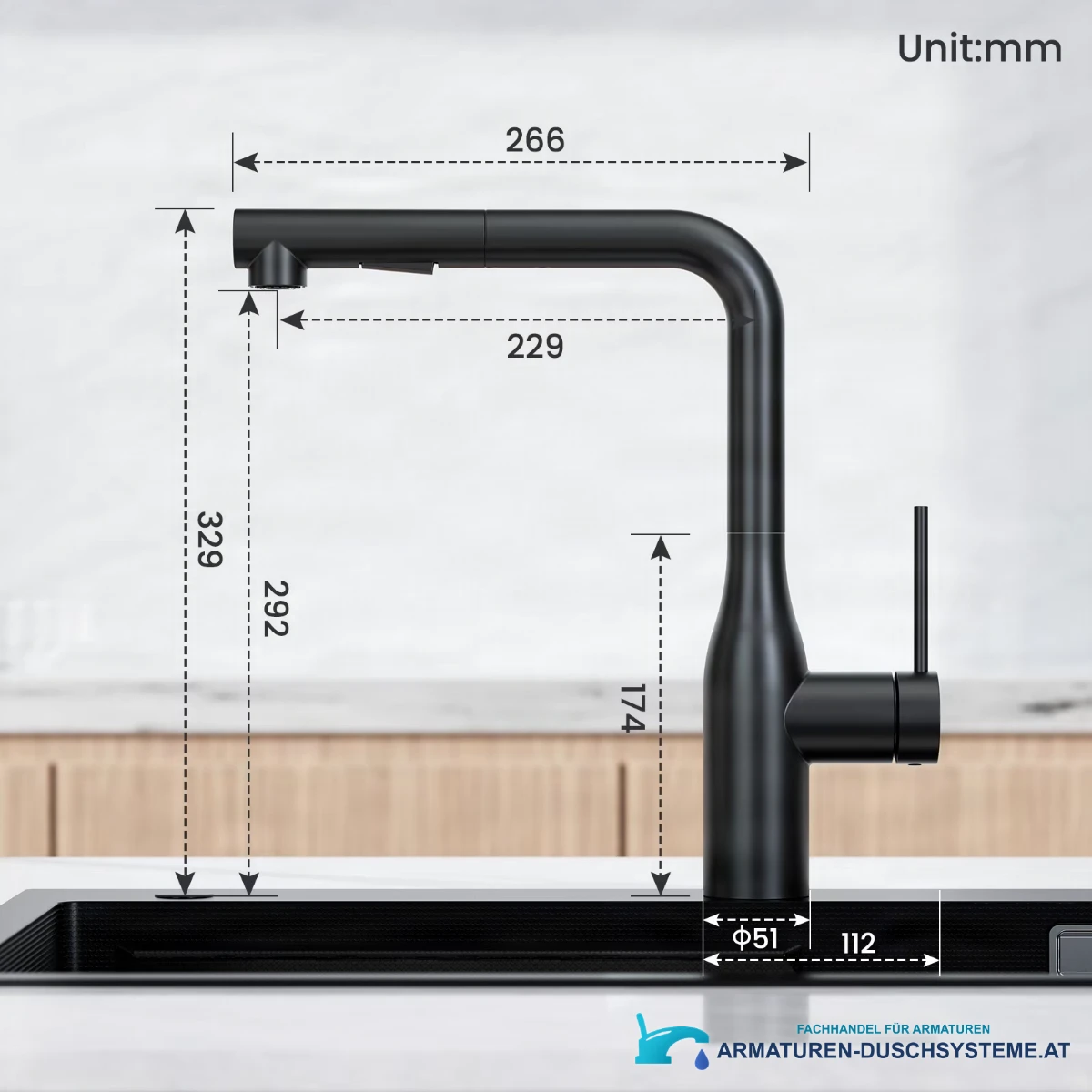 Technische Zeichnung der CECIPA MAX Küchenarmatur ELITE EDITION KF1699 mit 329 mm Höhe