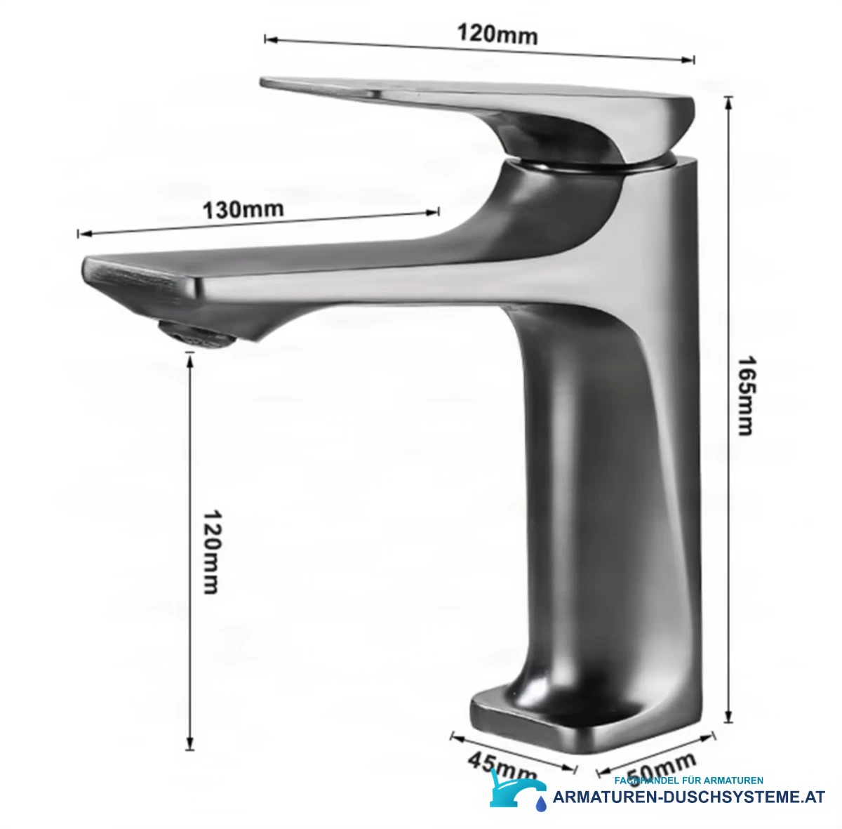 Technische Zeichnung der Edelstahlarmatur ELITE EDITION BS2150 (165 × 130 mm, Auslaufhöhe 120 mm)