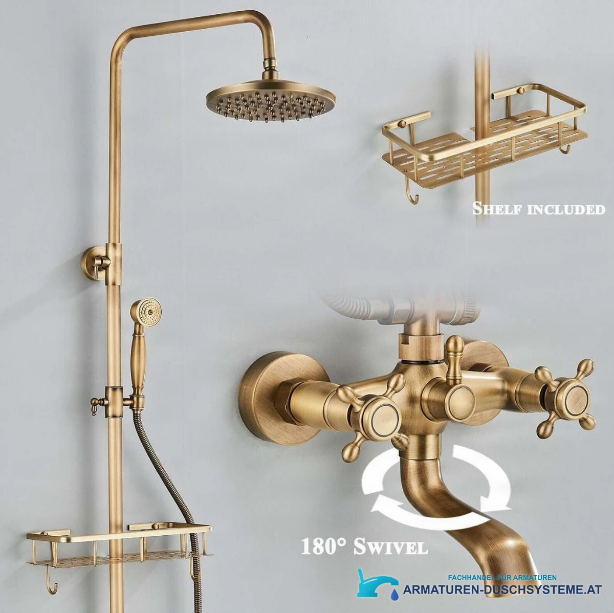 Details des Aufputz-Duschsystems EYN AT1442 woo-3100 mit Ablage und schwenkbarem Auslauf
