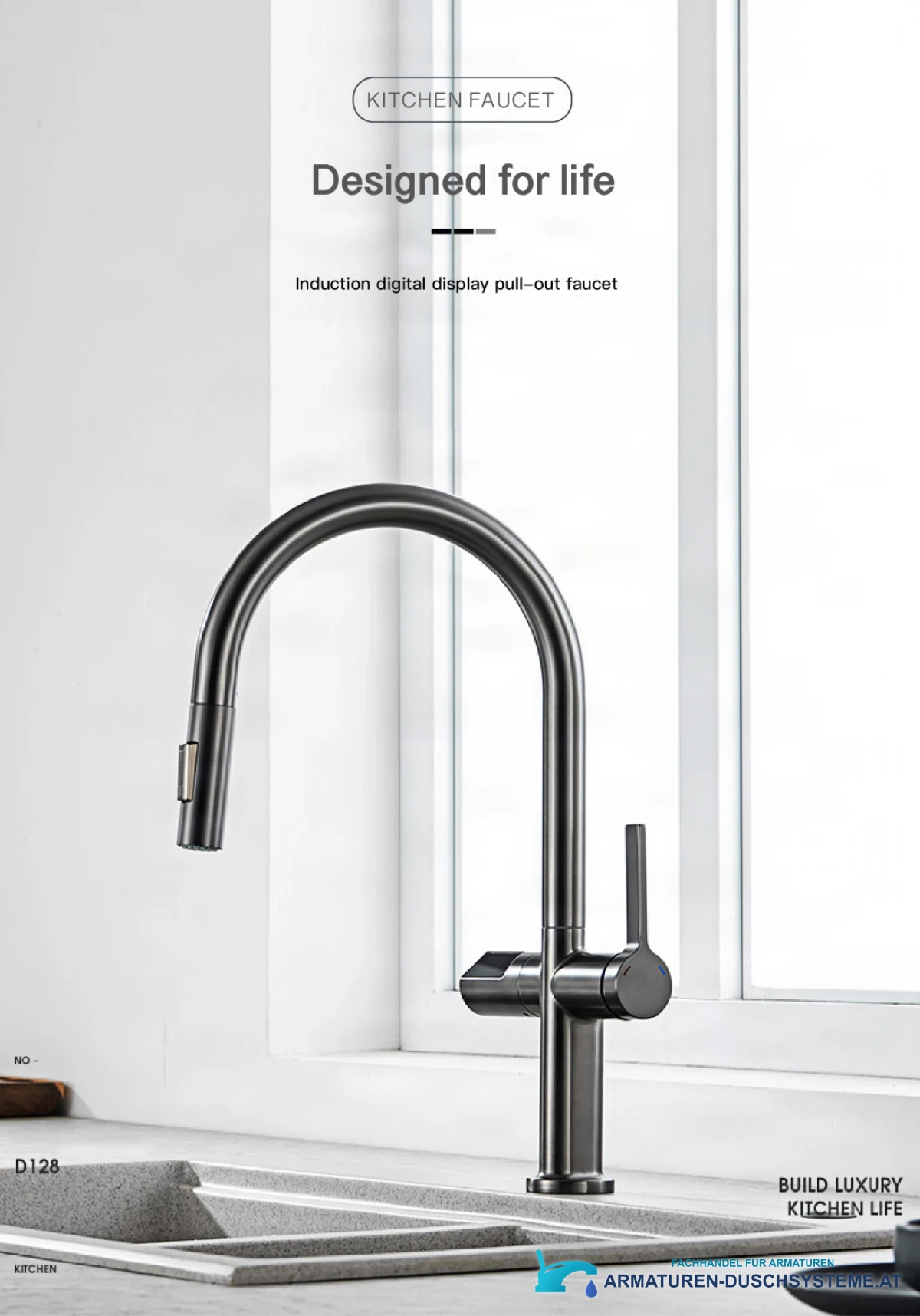 Ausziehbare Küchenarmatur ELITE EDITION KSS1700 mit hohem Bogenauslauf und Seitenhebel