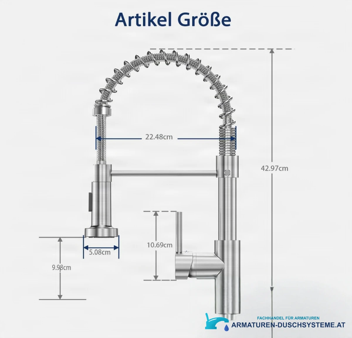 Technische Zeichnung der Niederdruckarmatur EYN NT1614 mit 42,97 cm Höhe und 22,48 cm Ausladung