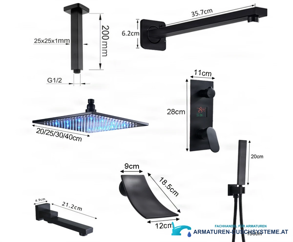 Spezifikationen der Unterputzdusche EYN PT1036 mit Wandarm, Kopfbrause, Handbrause und Wasserfallauslauf