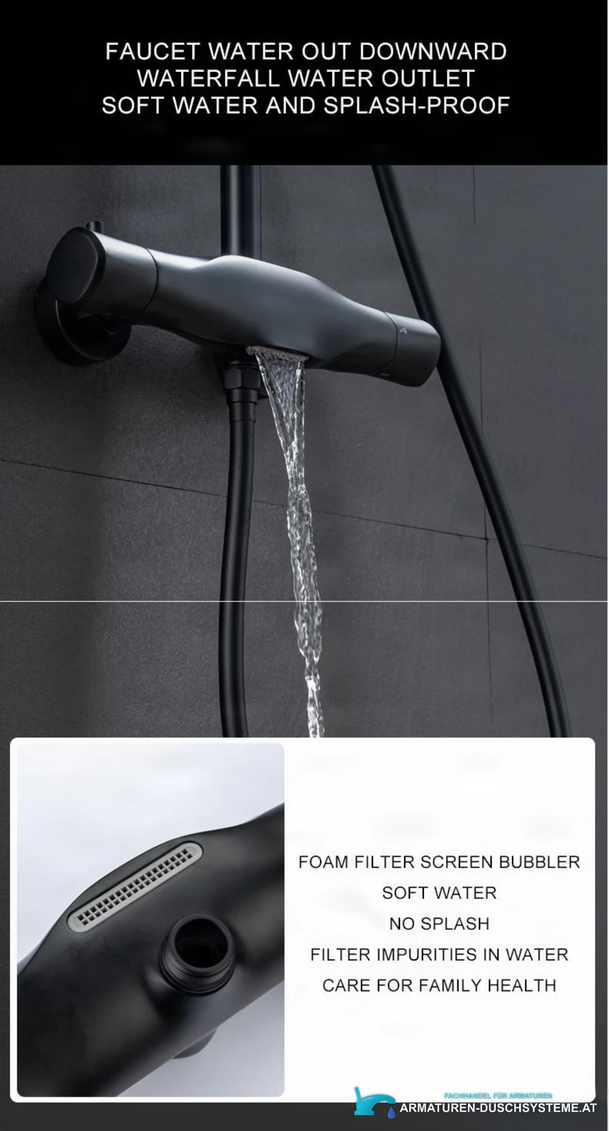 Details des Aufputz-Thermostat-Duschsystems EYN TB1845: Wasserfallauslauf und Strahlregler
