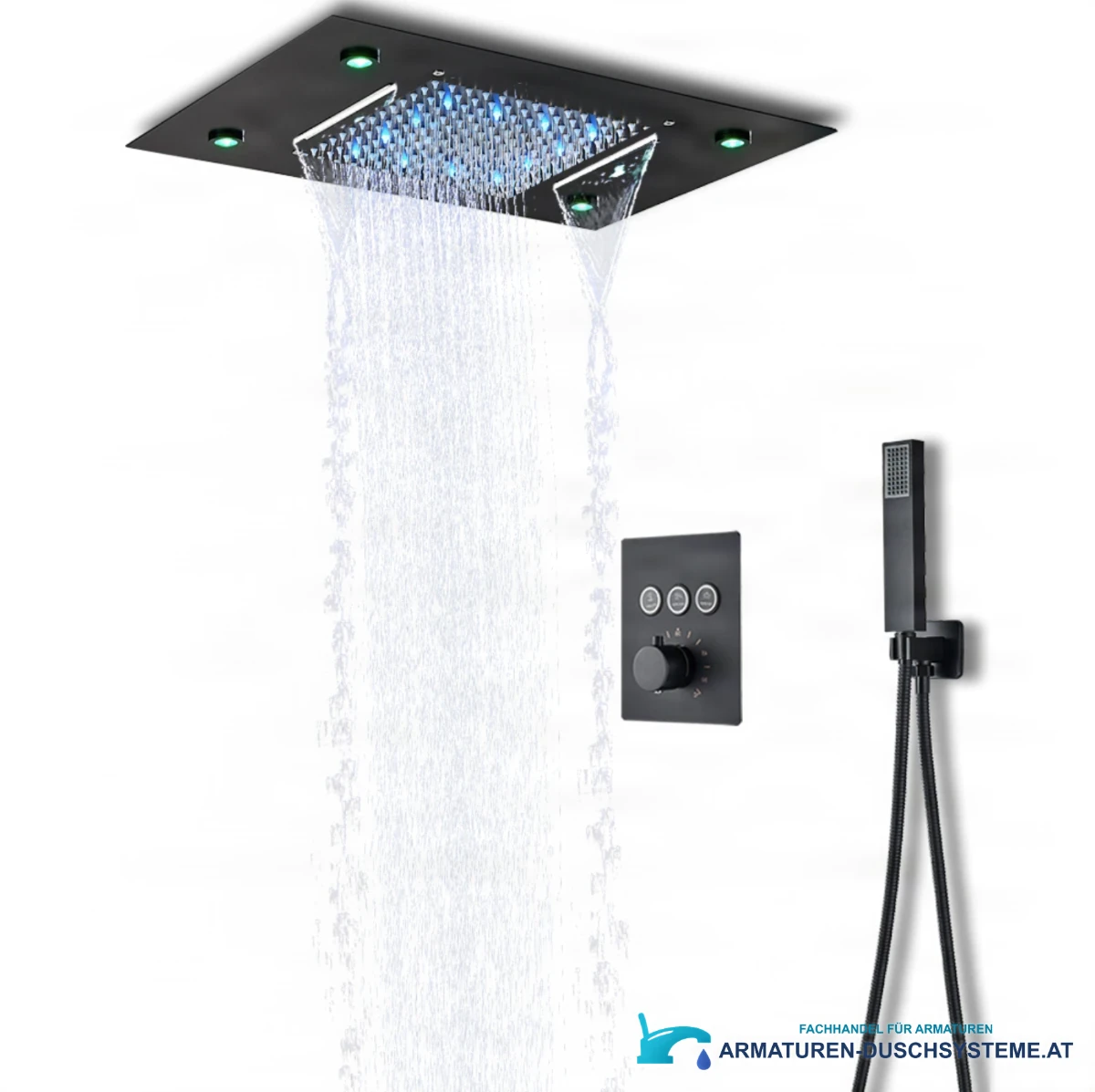 Unterputz-LED-Duschsystem PT8899 mit Regen- und Wasserfallbrause in Schwarz