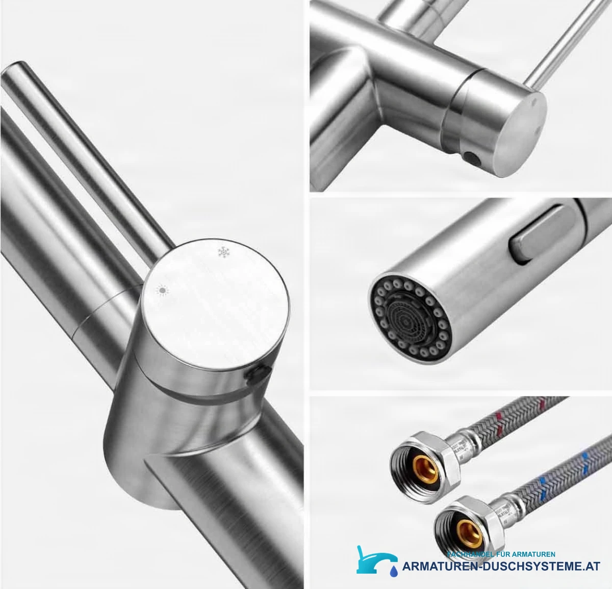 Niederdruck- oder Hochdruck-Küchenarmatur KL1109 in gebürsteter Metalloptik