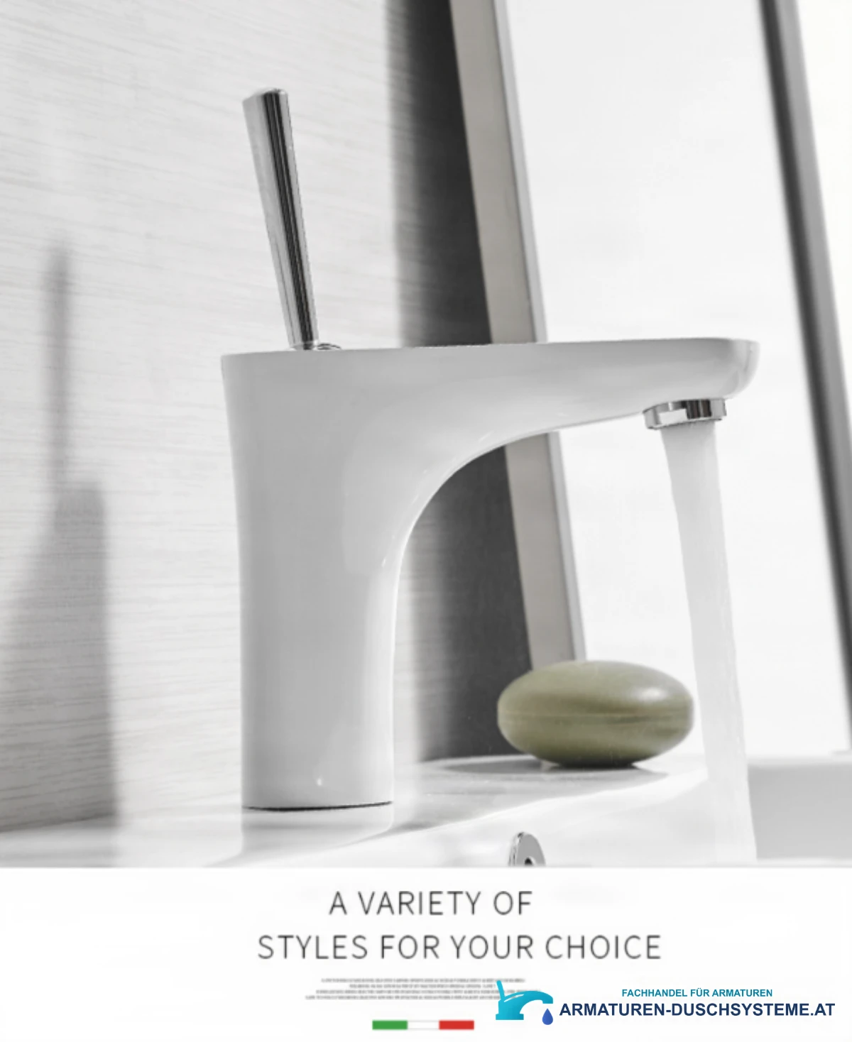 Elegante Badarmatur BKK1306 – seitliche Ansicht mit Wasserstrahl