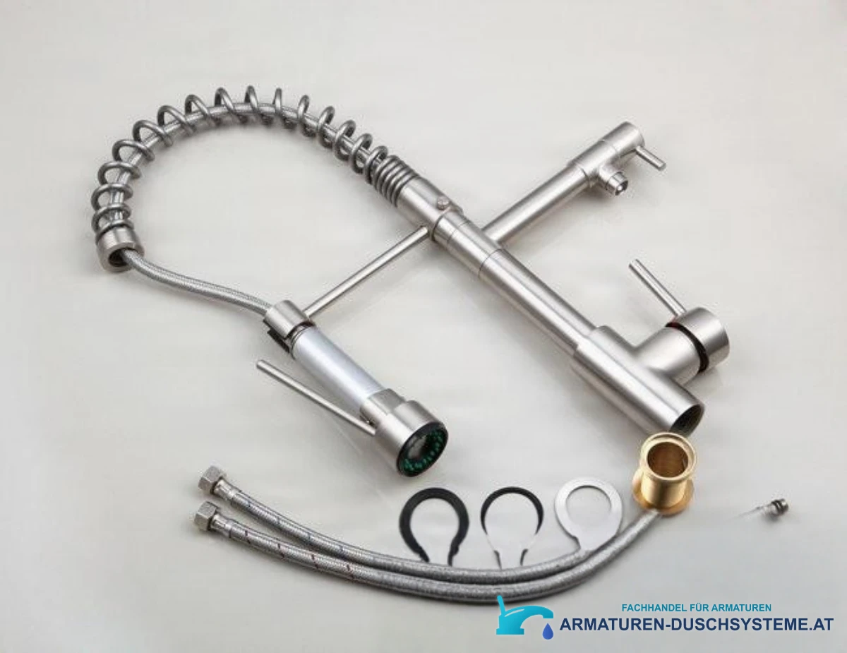 Küchenarmatur EYN0141 mit Federbrause, zwei Ausläufen und Anschlusszubehör
