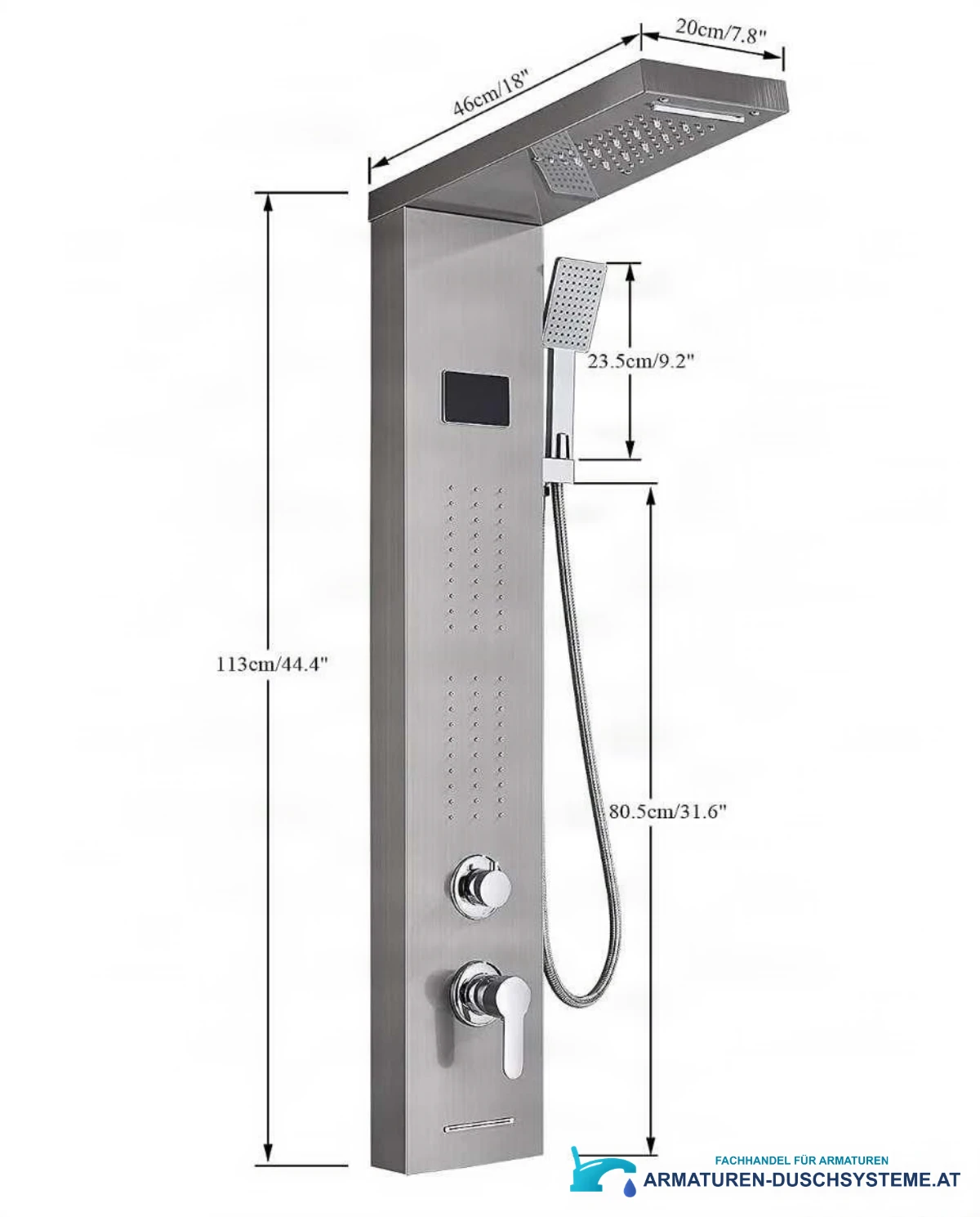 Technische Zeichnung des Luxus LED-Duschpaneels BSP1912 (113 × 46 × 20 cm)