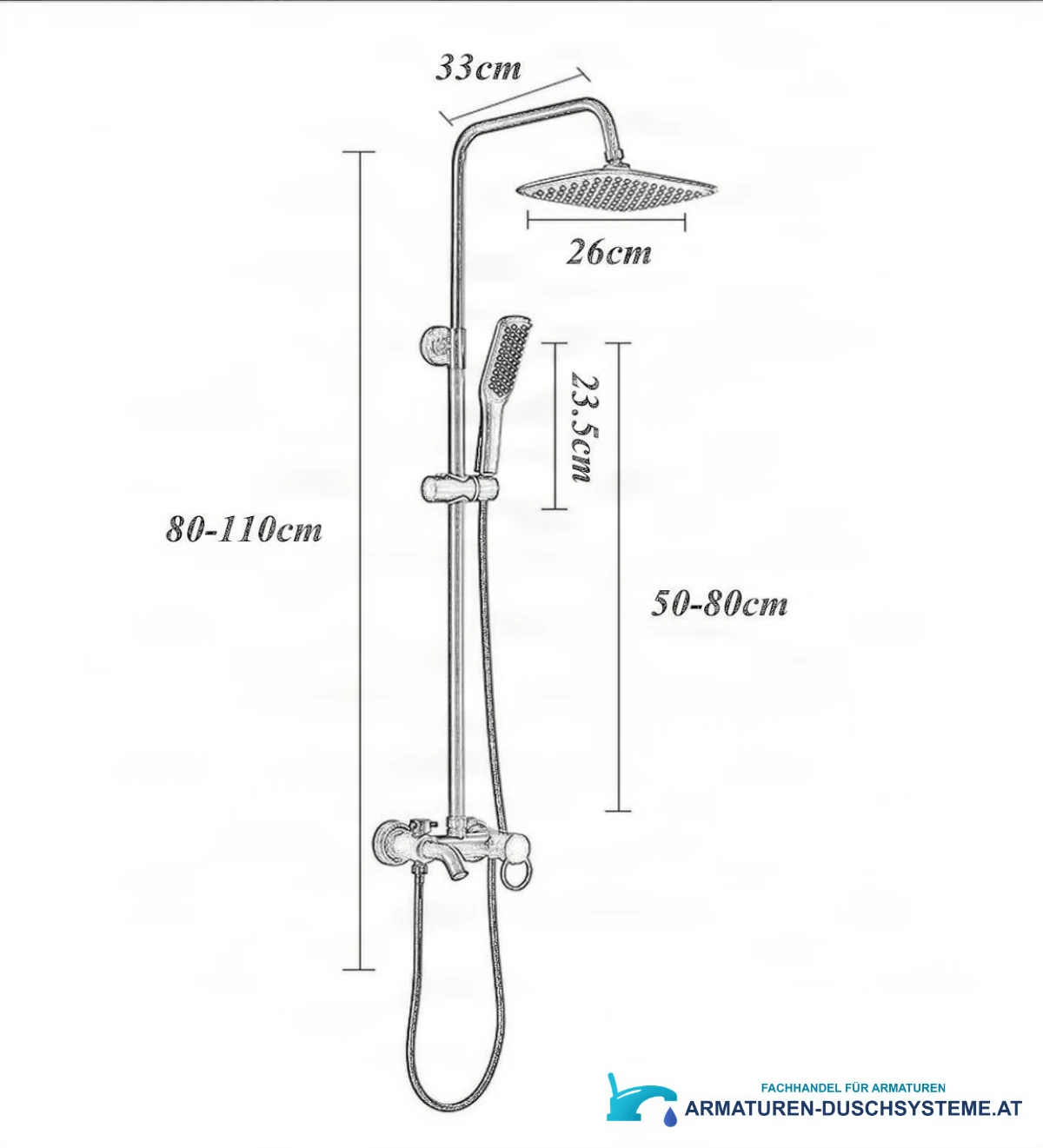 Technische Zeichnung des Duschsystems EYN BSE1250 (80–110 cm, Kopfbrause 26 cm)