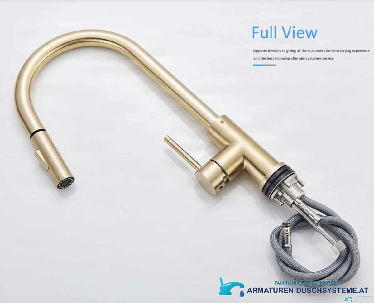 Übersicht der goldenen Küchenarmatur mit Touch-Funktion GK1218 samt Anschlüssen und Brauseschlauch