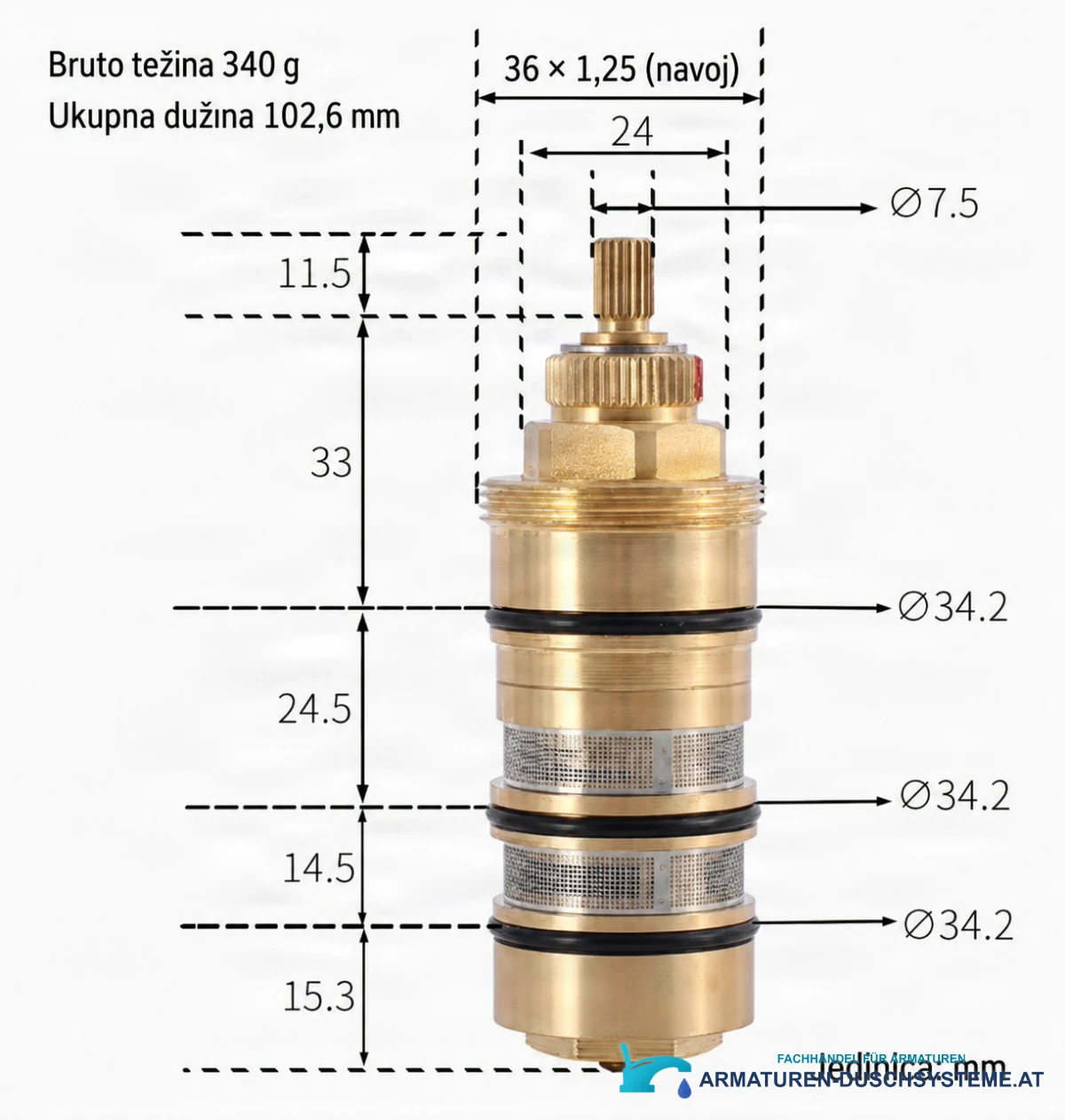 Technische Zeichnung Thermostateinsatz PRO20071 (102,6 mm, Ø34,2 mm, Gewinde 36×1,25)