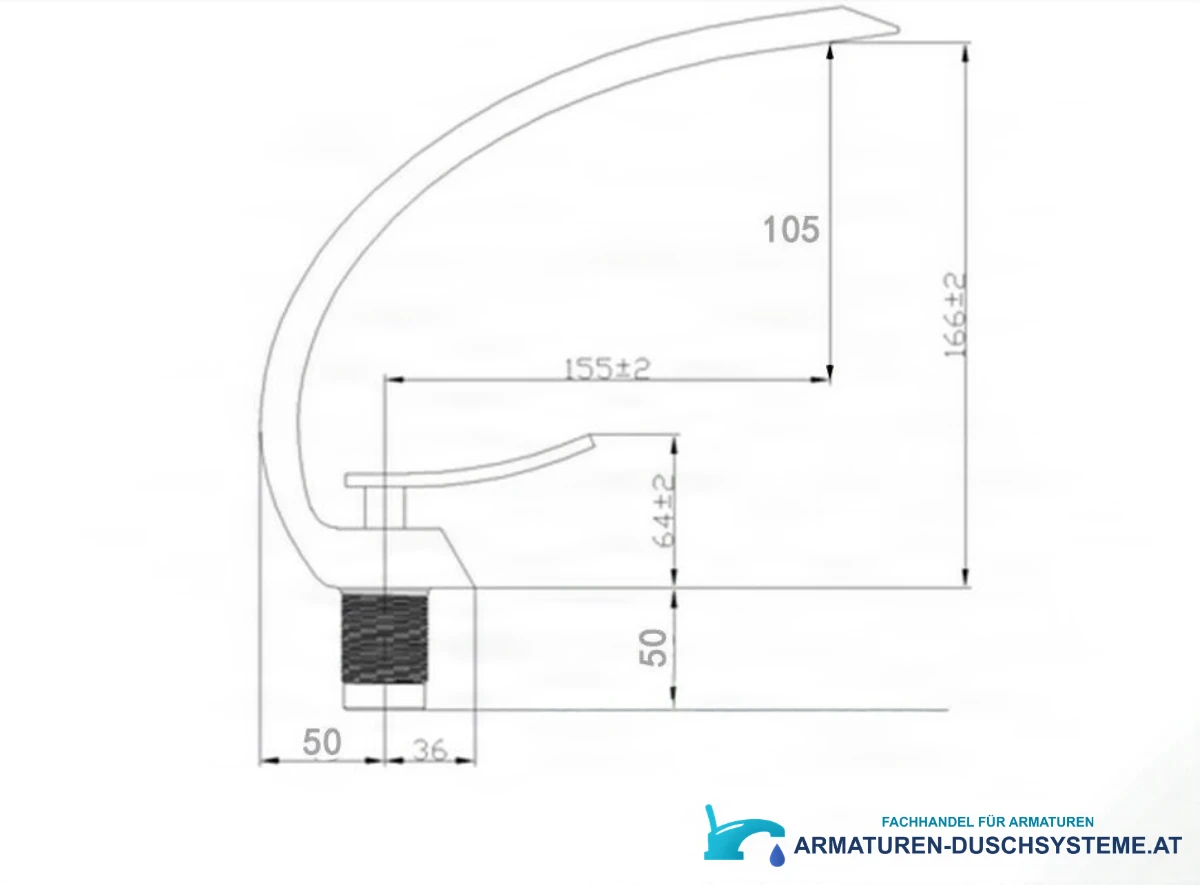 Technische Zeichnung der halbrunden Armatur KA72932 mit 166 × 155 mm