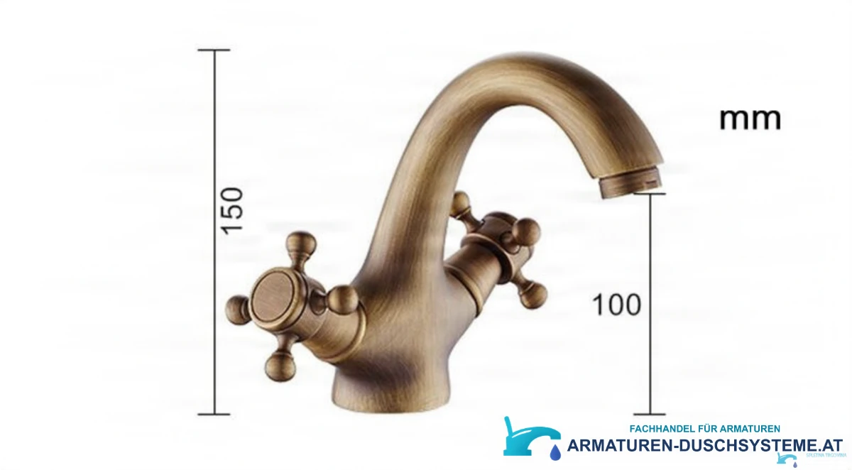 Technische Darstellung der Waschtischarmatur EYN TER1305 mit 150 mm Höhe und 100 mm Auslaufhöhe