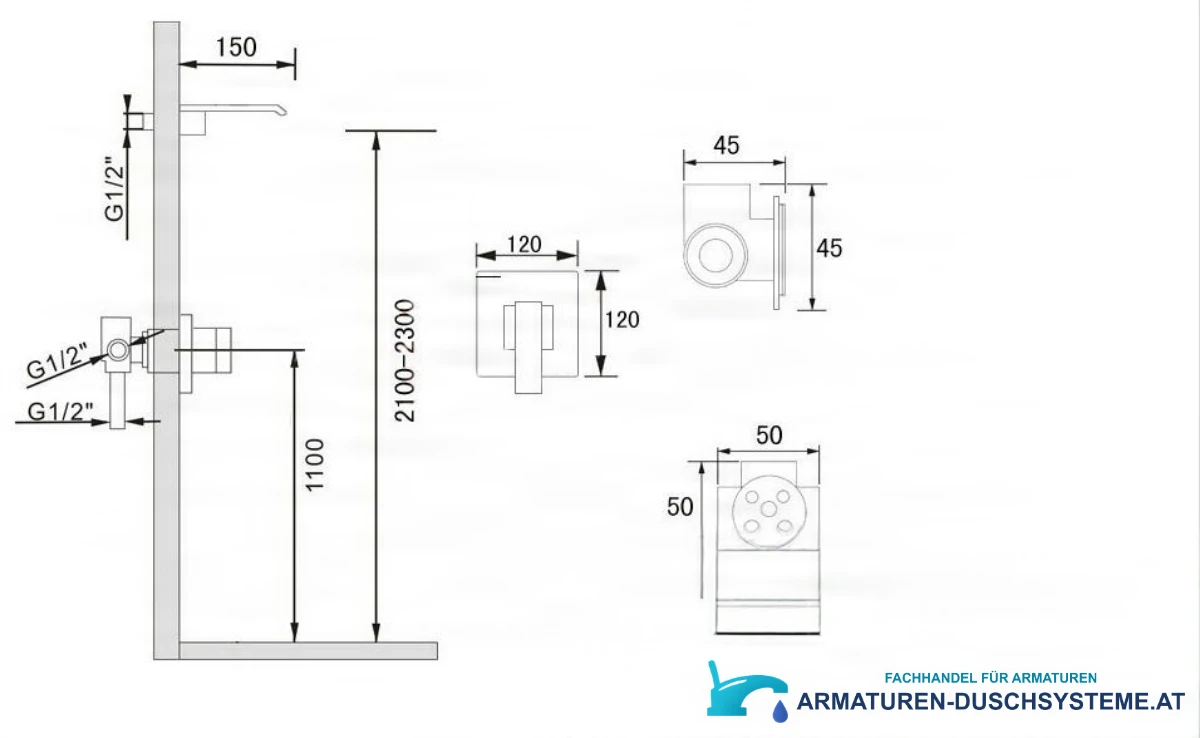 Technische Zeichnung des Unterputz-Duschsystems PT69359 (2100–2300 mm, G1/2)