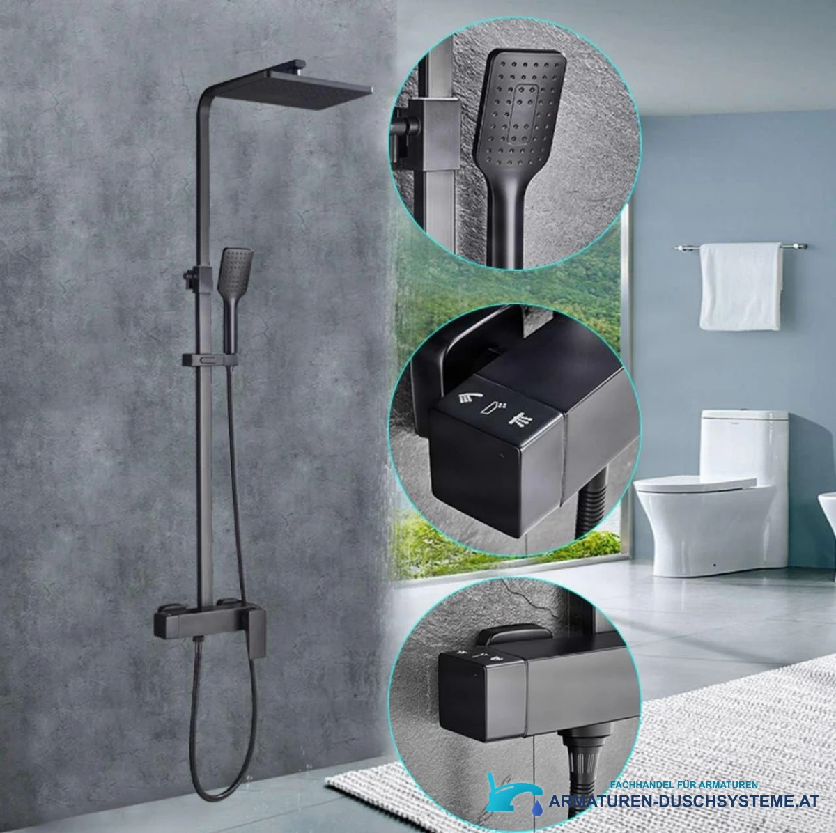Details des Duschsystems EYN BT1048: Handbrause, Bedienung und Wasserfallauslauf
