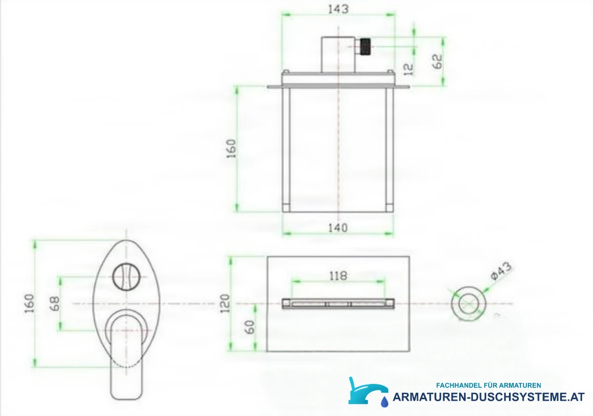 Technische Zeichnung der Unterputz-Wannenarmatur mit LED-Beleuchtung PSK7917 (160 × 143 × 62 mm)