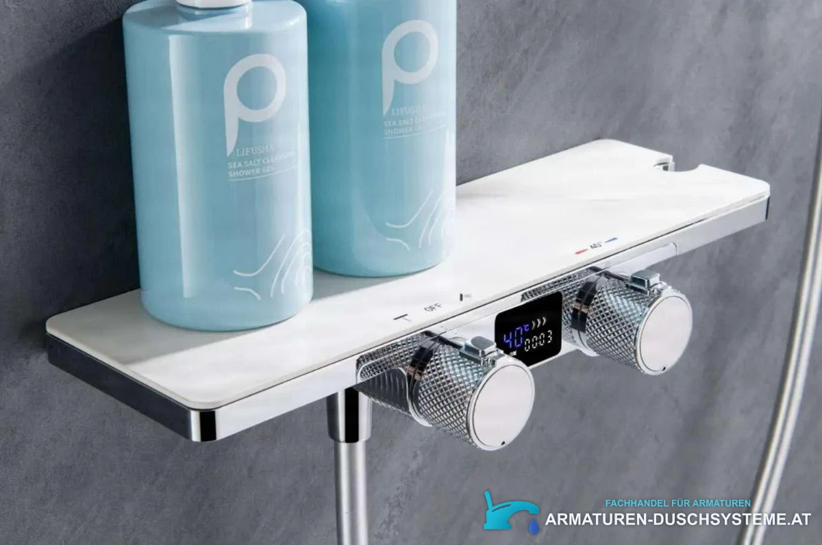 Luxuriöse Badewannenarmatur ELITE EDITION BBT2053 — Ablage, Drehgriffe und Anzeige