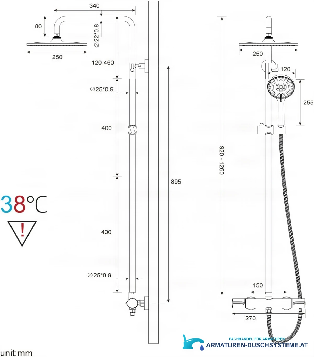 Technische Zeichnung Rainsworth-Duschsystem ELITE EDITION BSE1603 (920–1260 mm, Kopfbrause Ø 250 mm)