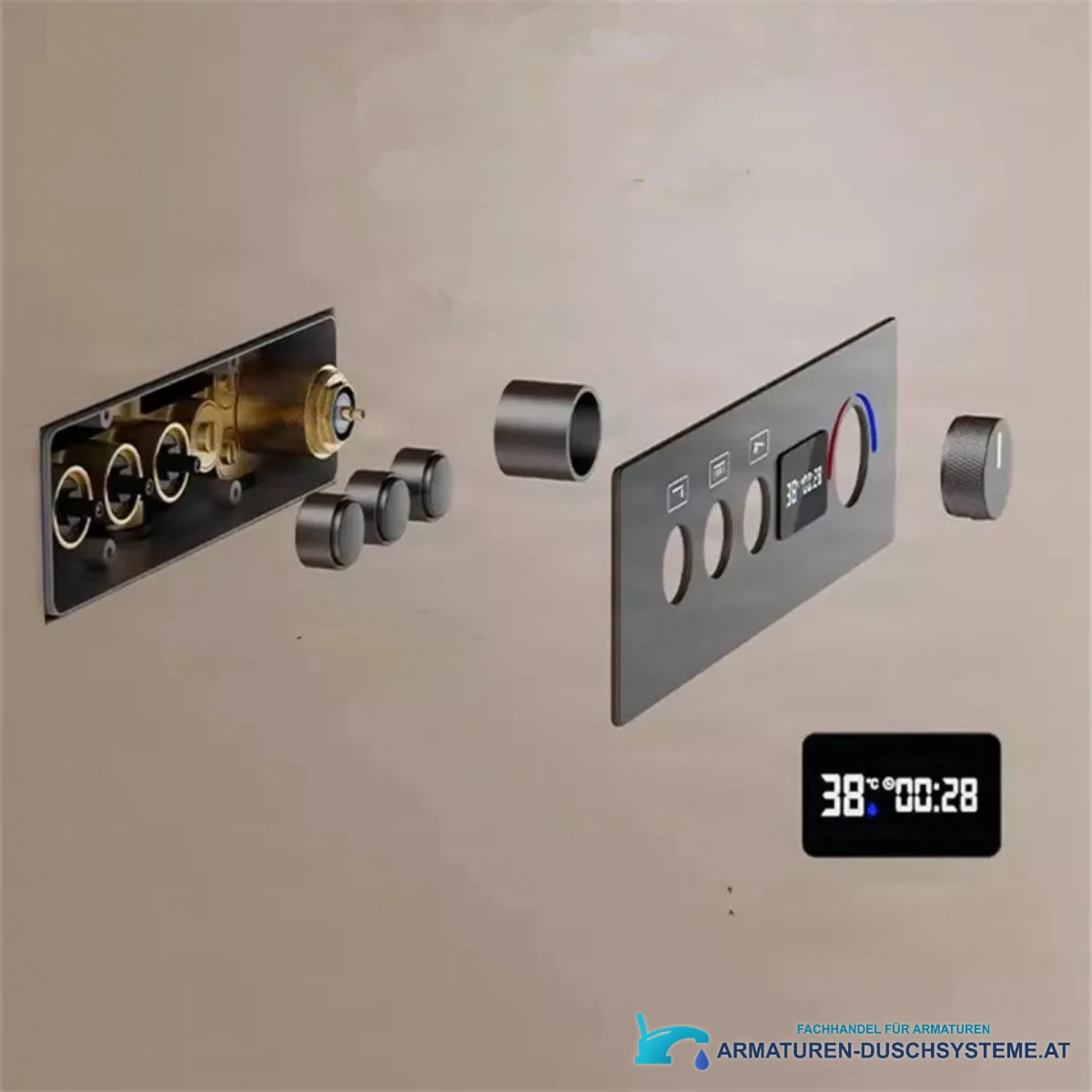Aufbau des Thermostat-Duschsets BCS1698 mit Unterputzkörper, Bedienblende und Temperaturanzeige
