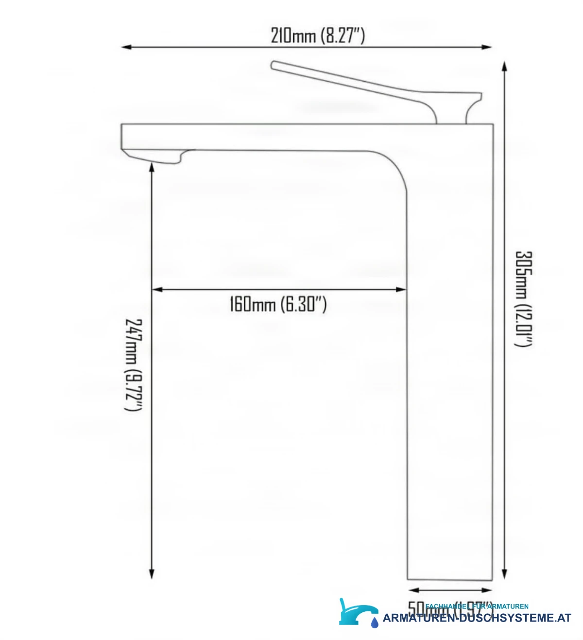 Technische Zeichnung der Waschtischarmatur BSC1342 mit 306 mm Höhe und 210 mm Ausladung