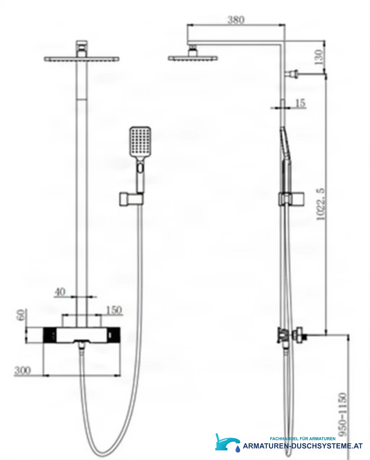 Technische Zeichnung des Aufputz-Duschsystems ELITE EDITION BSE1419 (380 mm, 950–1150 mm)