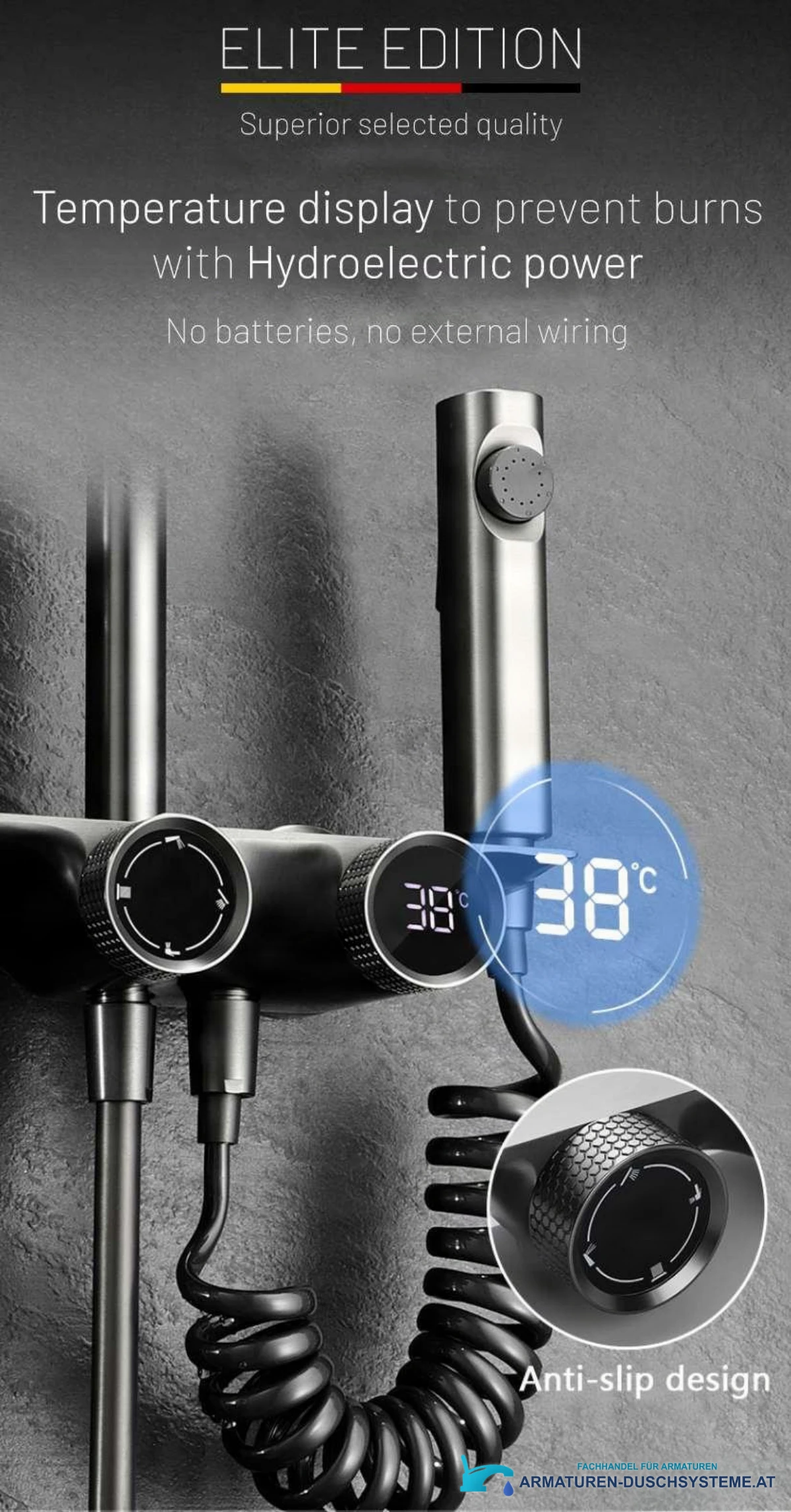 Funktionen des Aufputz-Duschsystems SH1857: Temperaturanzeige und rutschfeste Regler