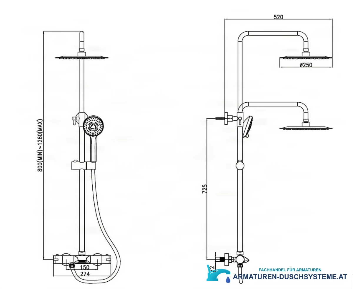 Technische Zeichnung des thermostatischen Duschsystems ELITE EDITION BST1105 (800–1260 mm, G1/2)