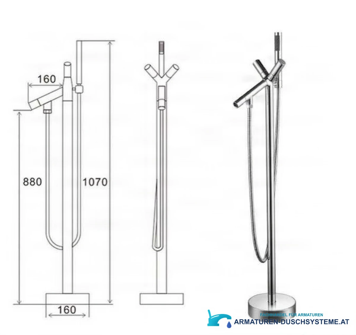 Technische Zeichnung der freistehenden Badewannenarmatur PK1237 (1070 × 160 mm)
