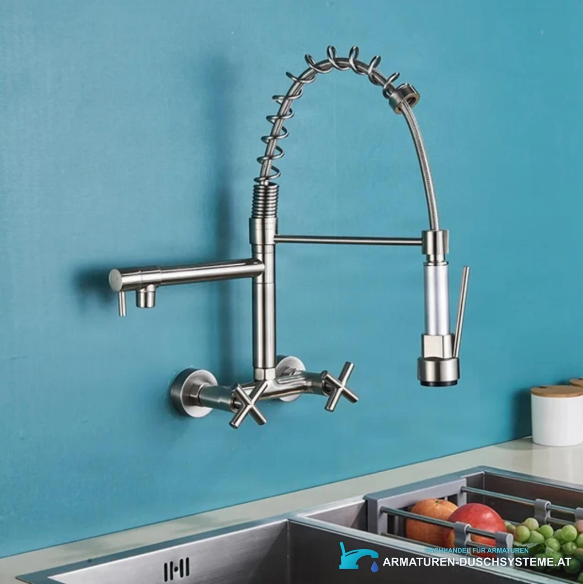 Elegante Wandarmatur mit Doppelauslauf für moderne Küchen WK1002 in Chrom