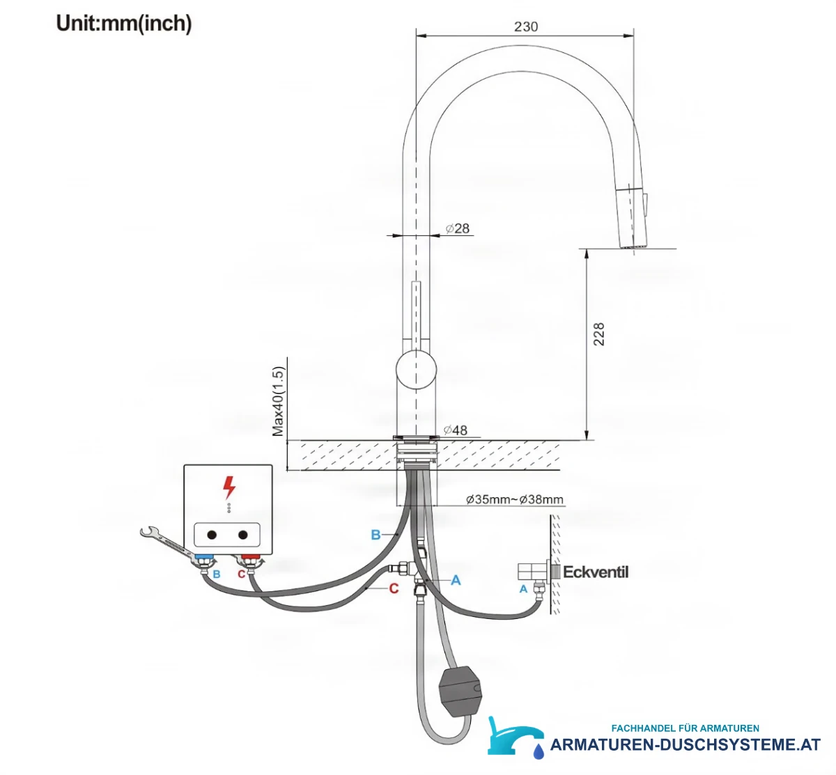 Technische Zeichnung der Niederdruck- oder Hochdruck-Küchenarmatur KL1109 (230 × 425 mm)