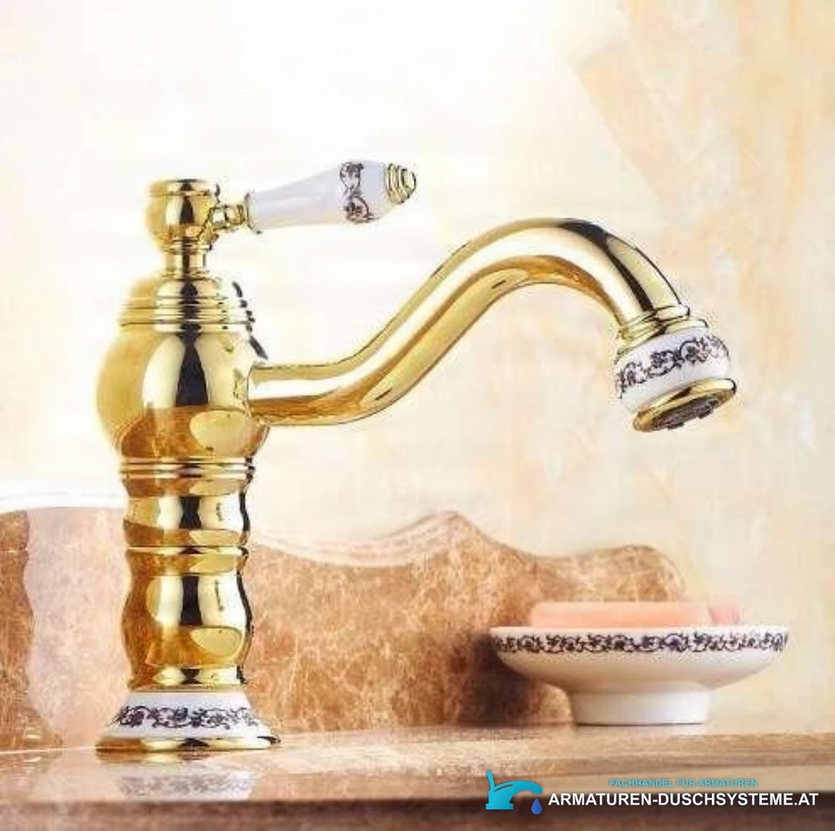Goldene Badarmatur GB1523 in hochglänzender Ausführung mit weißen Porzellanelementen