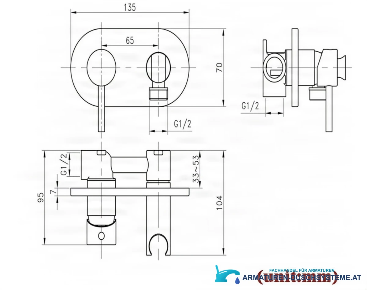 Technische Zeichnung der Bidet-Unterputzarmatur BB1637 (135 × 70 mm, G1/2)