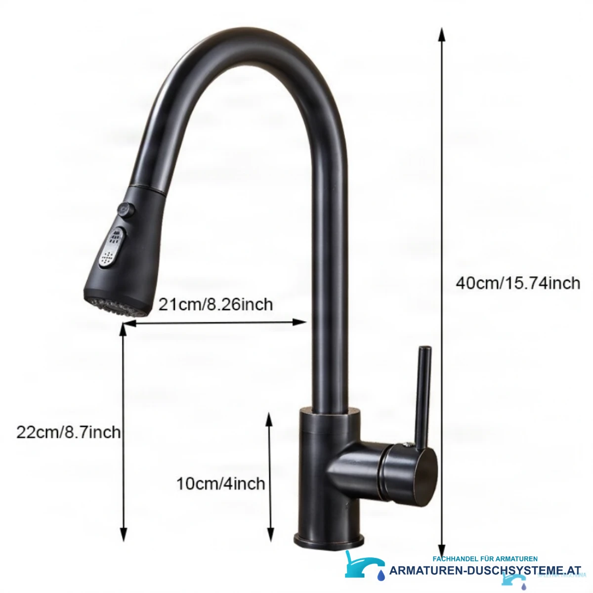 Technische Zeichnung der Küchenarmatur BI1410 mit 40 cm Höhe, 21 cm Ausladung und 22 cm Auslaufhöhe