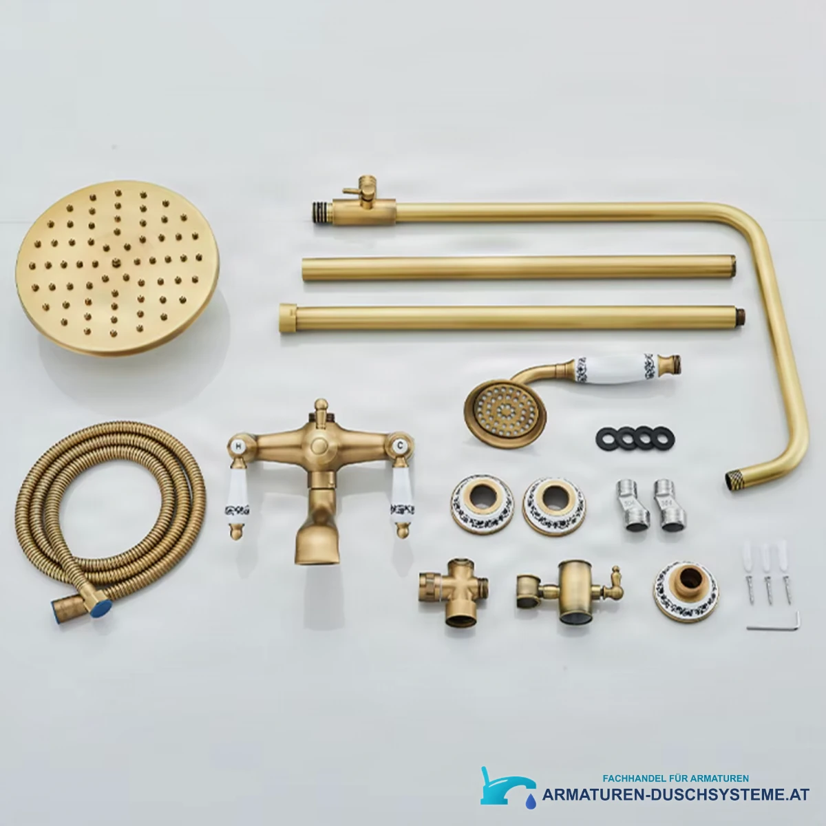 Antikes Aufputz-Duschsystem mit Keramikdetails BSE1241 in goldfarbener Messingoptik